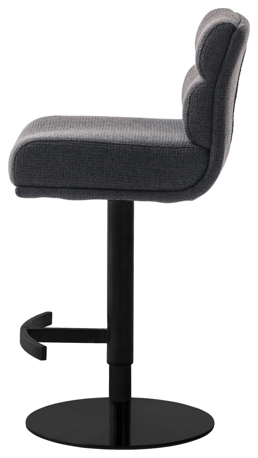 Grauer Barstuhl mit gepolsterter Sitzfläche und Rückenlehne, seitliche Ansicht