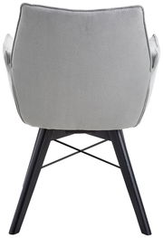 Rückansicht eines grauen Armlehnenstuhls mit schwarzen Holzbeinen