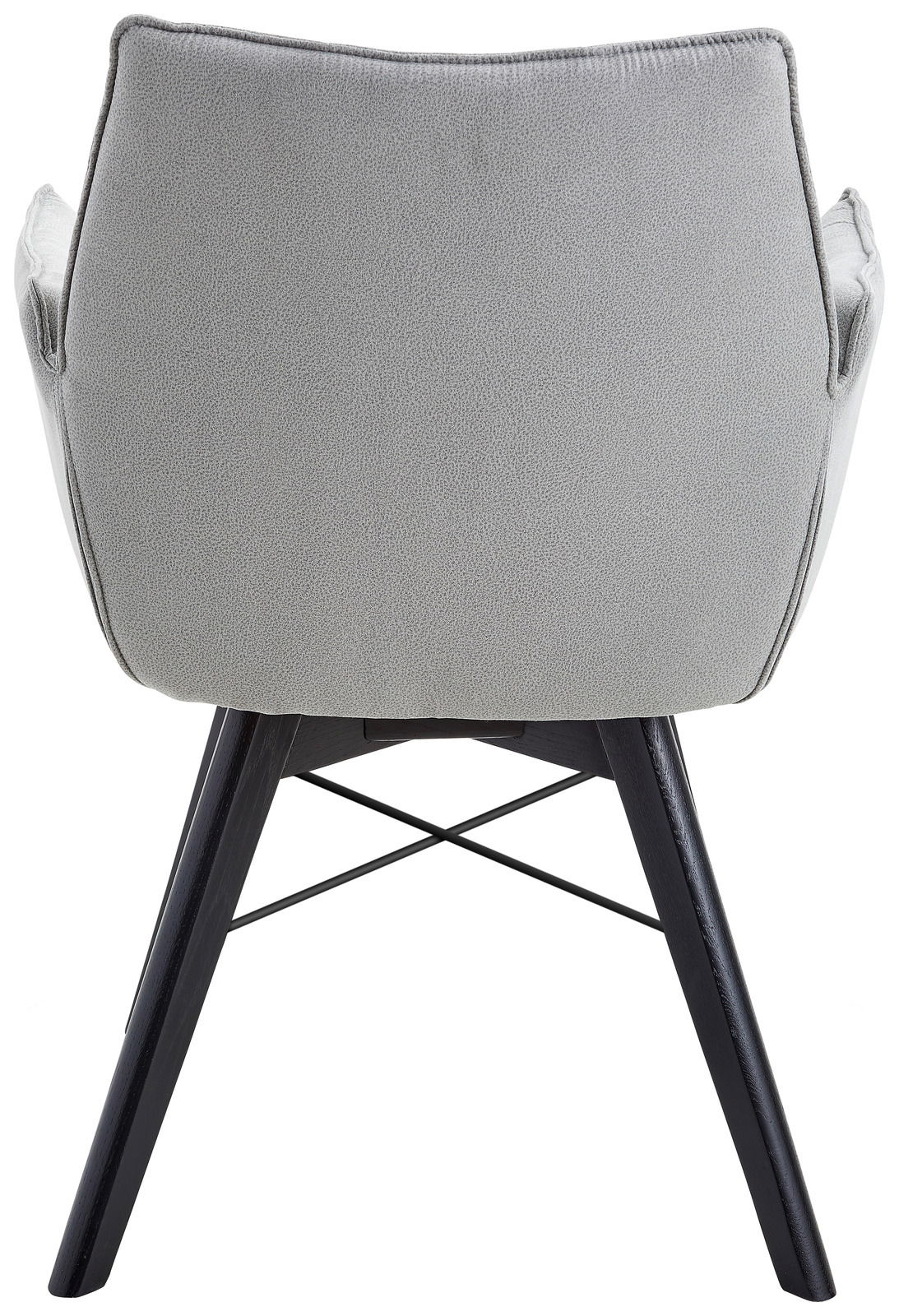 Rückansicht eines grauen Armlehnenstuhls mit schwarzen Holzbeinen