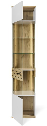 Vitrine aus Holz und Glas mit weißem Akzent, frontal betrachtet