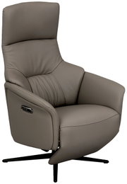 Moderne relaxfauteuil van grijs leer met bedieningsknoppen aan de zijkant, zijaanzicht