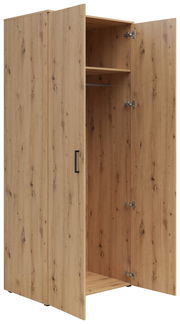 Mehrzweck-Kleiderschrank aus Holz mit geöffneter Tür, zeigt Innenraum mit Kleiderstange und Regalbrett, Perspektive von schräg vorne.