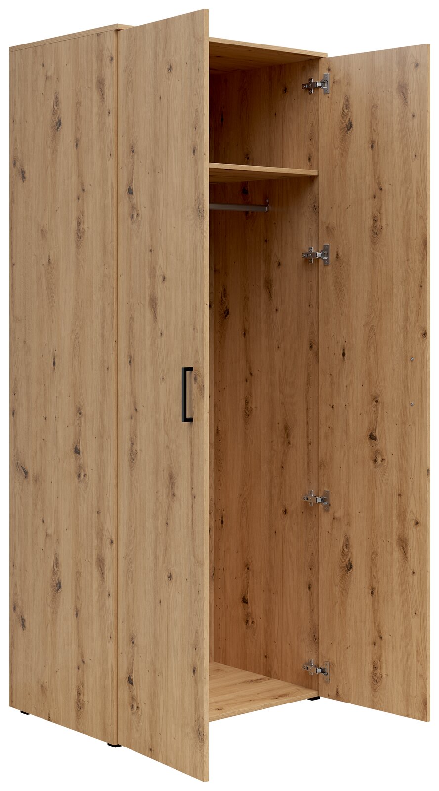 Mehrzweck-Kleiderschrank aus Holz mit geöffneter Tür, zeigt Innenraum mit Kleiderstange und Regalbrett, Perspektive von schräg vorne.