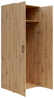 Mehrzweck-Kleiderschrank aus Holz mit geöffneter Tür, zeigt Innenraum mit Kleiderstange und Regalbrett, Perspektive von schräg vorne.