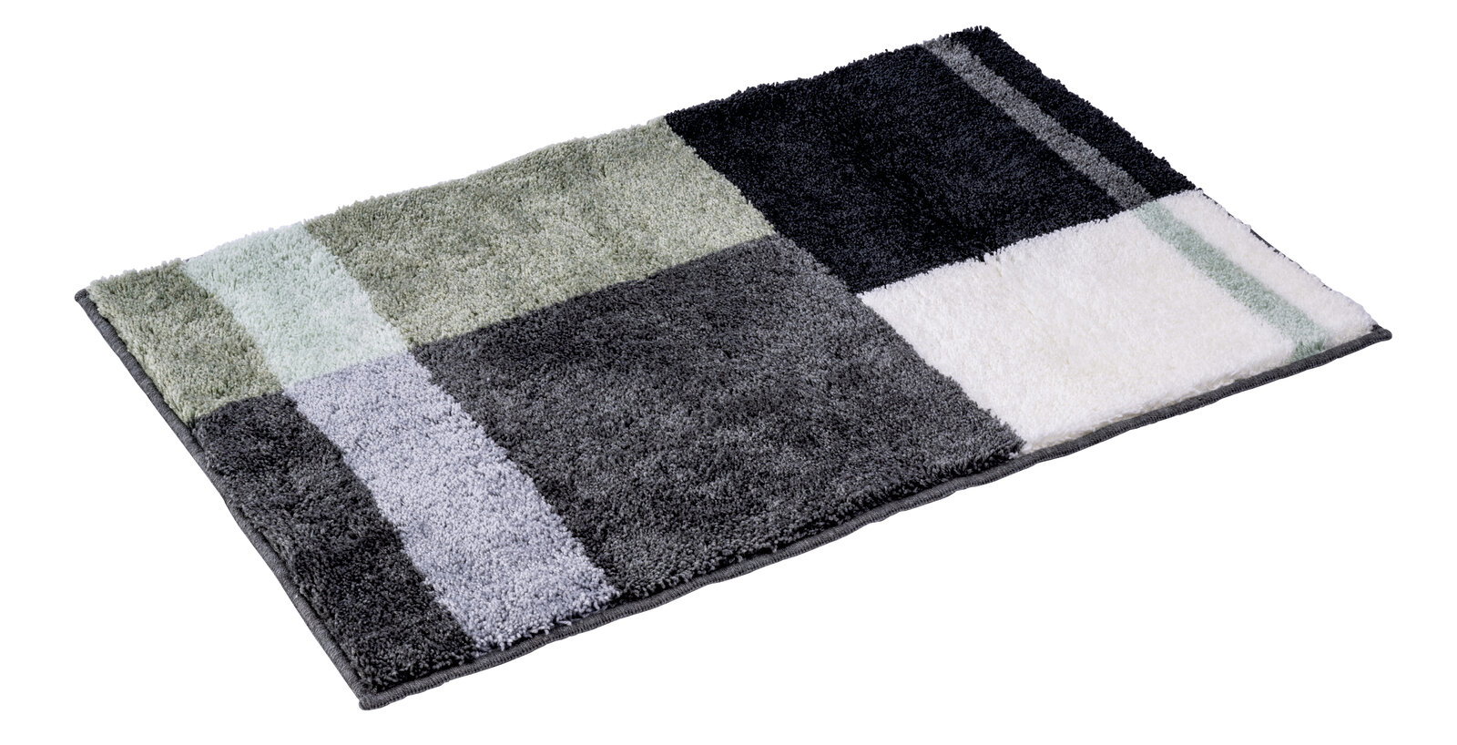 Badteppich in rechteckiger Form mit einem modernen Karomuster in verschiedenen Grautönen, Grün und Weiß, aus seitlicher Perspektive fotografiert.