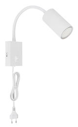 Weiße Wandleuchte aus Metall mit flexiblem Arm und Schalter, seitliche Perspektive