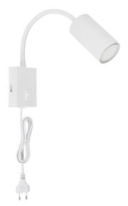 Weiße Wandleuchte aus Metall mit flexiblem Arm und Schalter, seitliche Perspektive