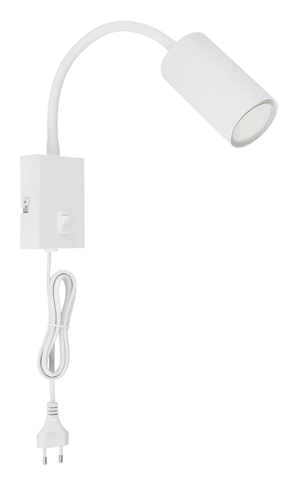 Weiße Wandleuchte aus Metall mit flexiblem Arm und Schalter, seitliche Perspektive