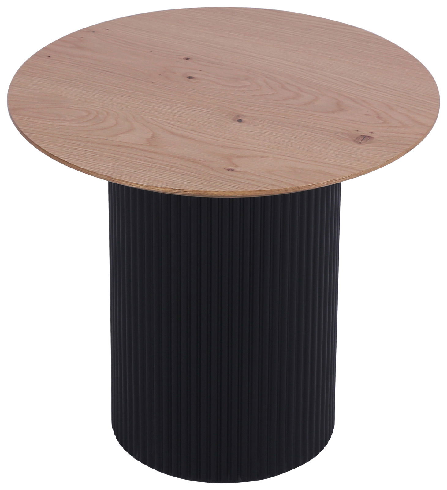 Runder Beistelltisch mit einer Holzplatte und einem geriffelten, schwarzen Zylinderfuß, Ansicht von schräg oben.