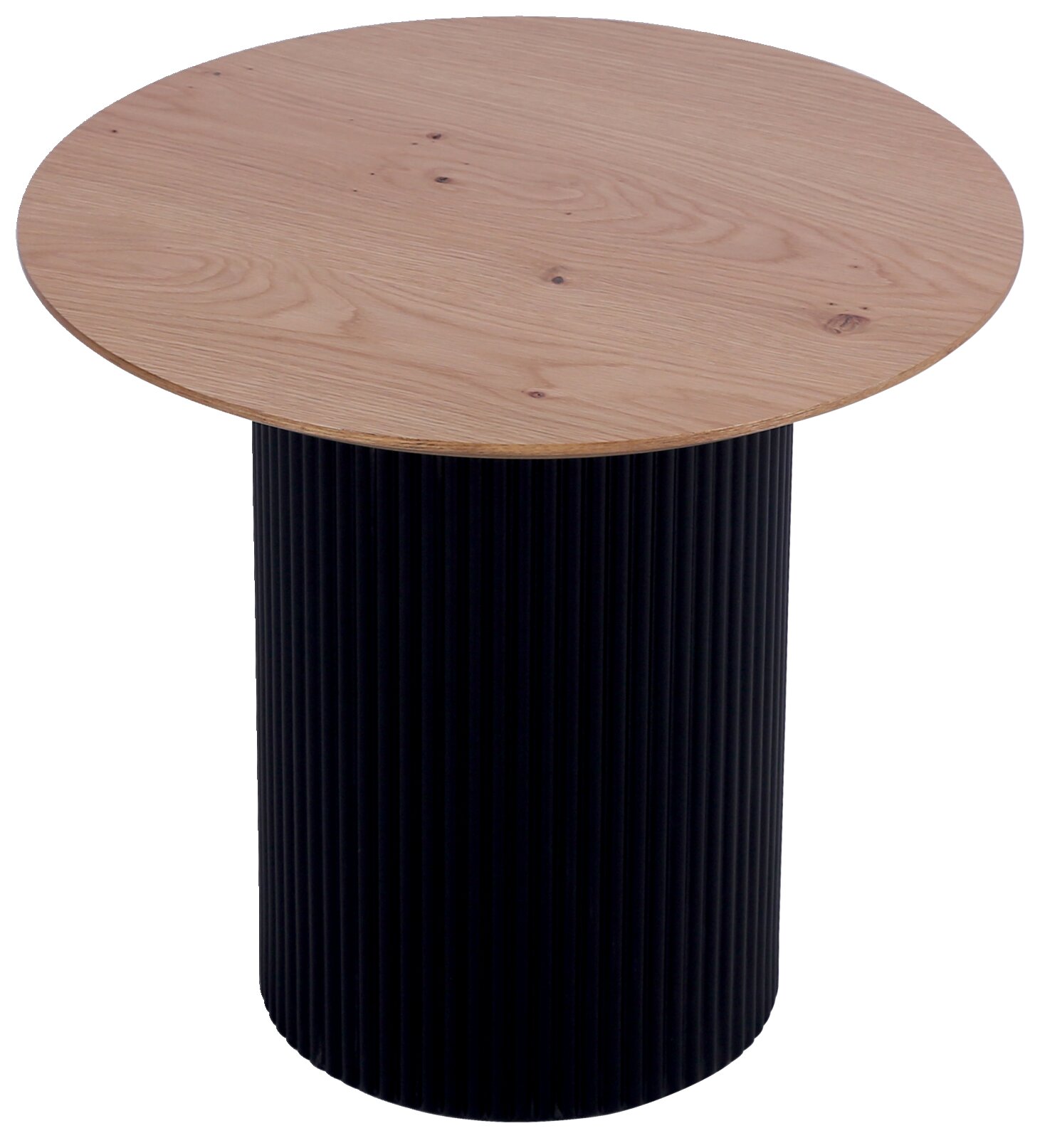 Ronde bijzettafel met een houten blad en een geribbelde, zwarte cilindrische voet, gezien vanuit een schuine hoek van bovenaf.