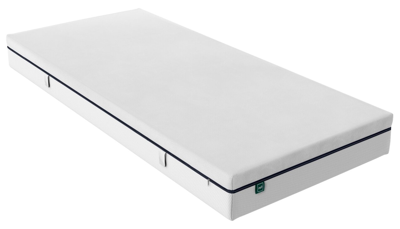 Seitliche Ansicht einer weißen Tonnentaschenfederkernmatratze mit schwarzem Reißverschluss und Tragegriff.