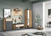 Moderne Garderobeneinrichtung mit Holz- und Metallelementen, bestehend aus einem Schuhschrank, einer Garderobenbank, einem Spiegel und einem Garderobenpaneel. Perspektive von vorne.