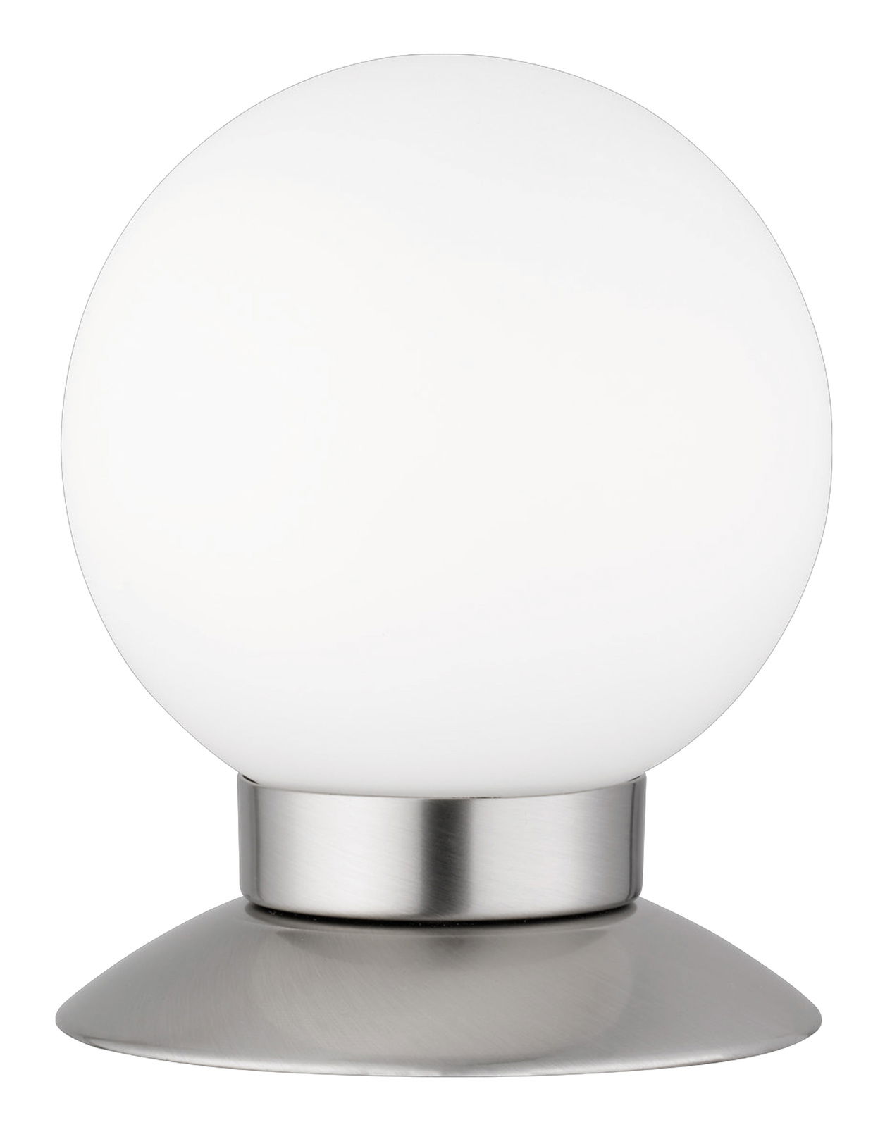 LED Deckenleuchte mit kugelförmigem, weißem Schirm und silbernem Sockel, seitliche Perspektive