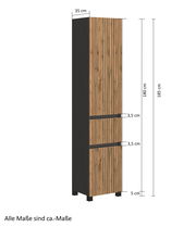 Hochschrank mit Holzoptik, Maße 185 cm Höhe, 35 cm Breite, seitliche Perspektive