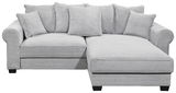Graues Ecksofa mit mehreren Kissen, Vorderansicht