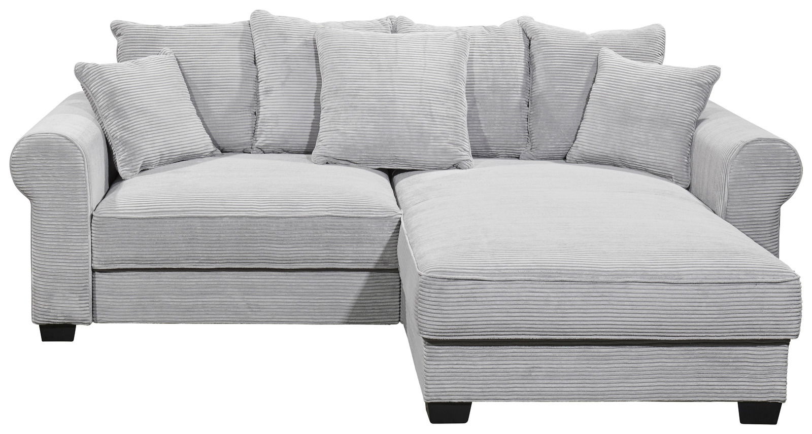 Graues Ecksofa mit mehreren Kissen, Vorderansicht