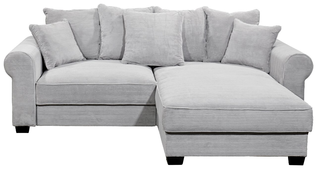 Graues Ecksofa mit mehreren Kissen, Vorderansicht