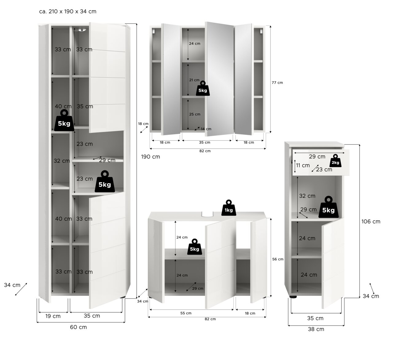 Badkombination mit mehreren Schränken und Spiegeln, perspektivisch von vorne gezeigt. Die Schränke haben unterschiedliche Höhen und Breiten, mit klaren Linien und modernen Griffen. Die Abmessungen sind deutlich markiert, um die Größe und Kapazität der ein