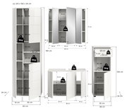 Badkombination mit mehreren Schränken und Spiegeln, perspektivisch von vorne gezeigt. Die Schränke haben unterschiedliche Höhen und Breiten, mit klaren Linien und modernen Griffen. Die Abmessungen sind deutlich markiert, um die Größe und Kapazität der ein