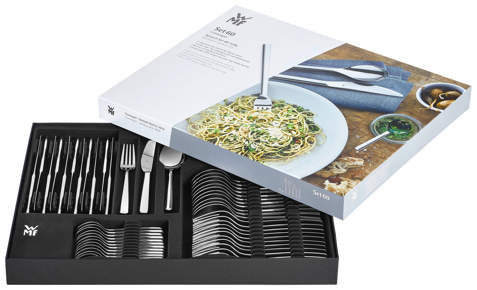 WMF Besteckset Boston 60-teilig in geöffneter Verpackung, Draufsicht