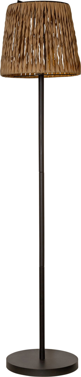 Stehlampe mit schwarzem Metallfuß und -gestell sowie braunem, geflochten wirkendem Lampenschirm, freigestellt auf weißem Hintergrund, Frontansicht.