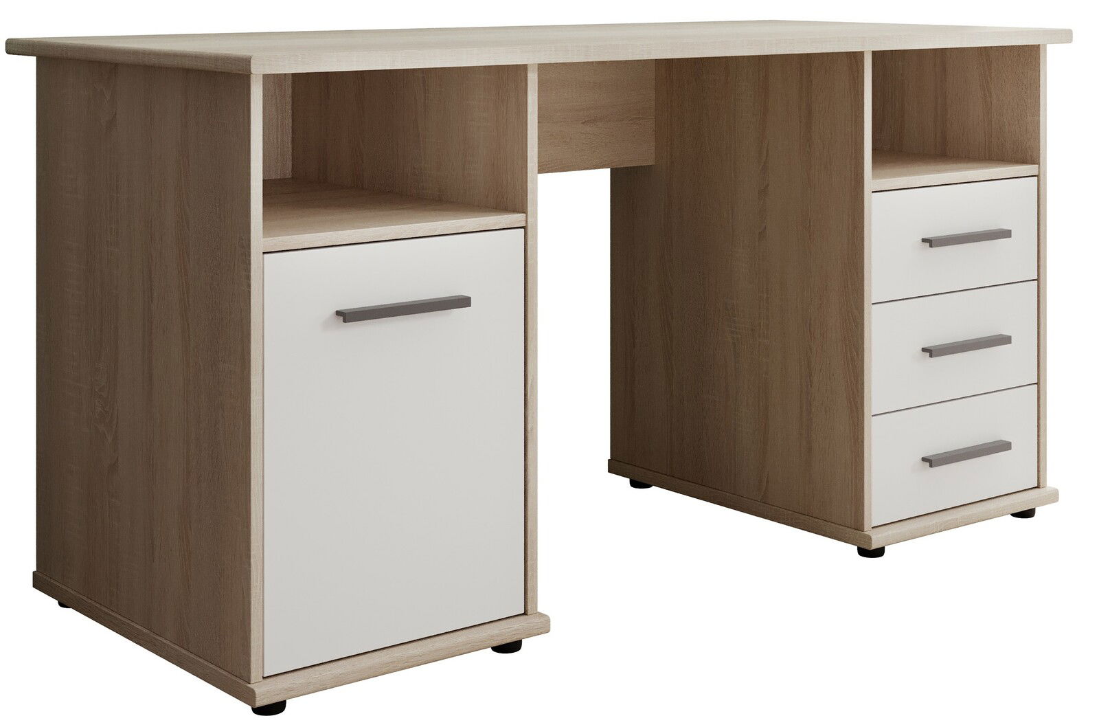 Moderner Schreibtisch aus Holz mit zwei Schubladenblöcken, einer mit Tür und einer mit Schubladen, aus der Perspektive von vorne.