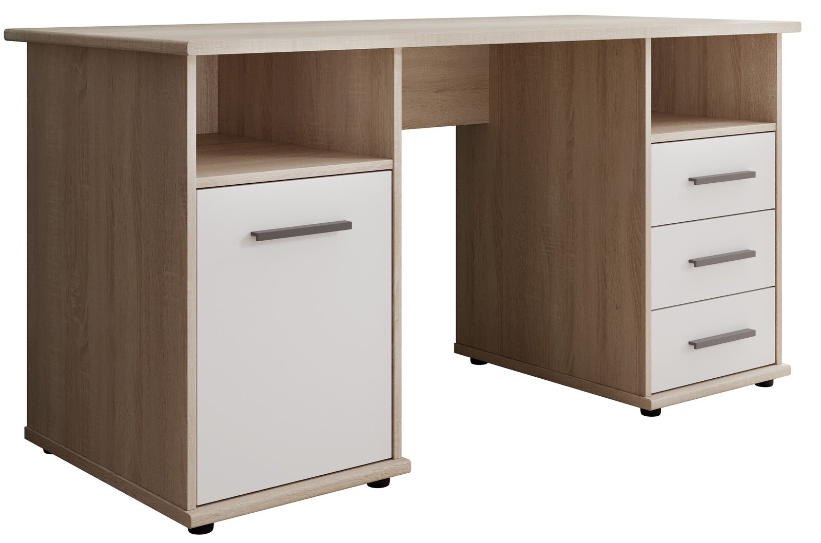 Moderner Schreibtisch aus Holz mit zwei Schubladenblöcken, einer mit Tür und einer mit Schubladen, aus der Perspektive von vorne.