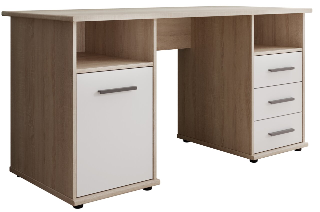 Moderner Schreibtisch aus Holz mit zwei Schubladenblöcken, einer mit Tür und einer mit Schubladen, aus der Perspektive von vorne.