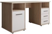 Moderner Schreibtisch aus Holz mit zwei Schubladenblöcken, einer mit Tür und einer mit Schubladen, aus der Perspektive von vorne.