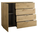 Kommode aus Holz mit drei offenen Schubladen und einer offenen Tür, seitliche Perspektive
