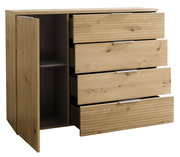 Kommode aus Holz mit drei offenen Schubladen und einer offenen Tür, seitliche Perspektive