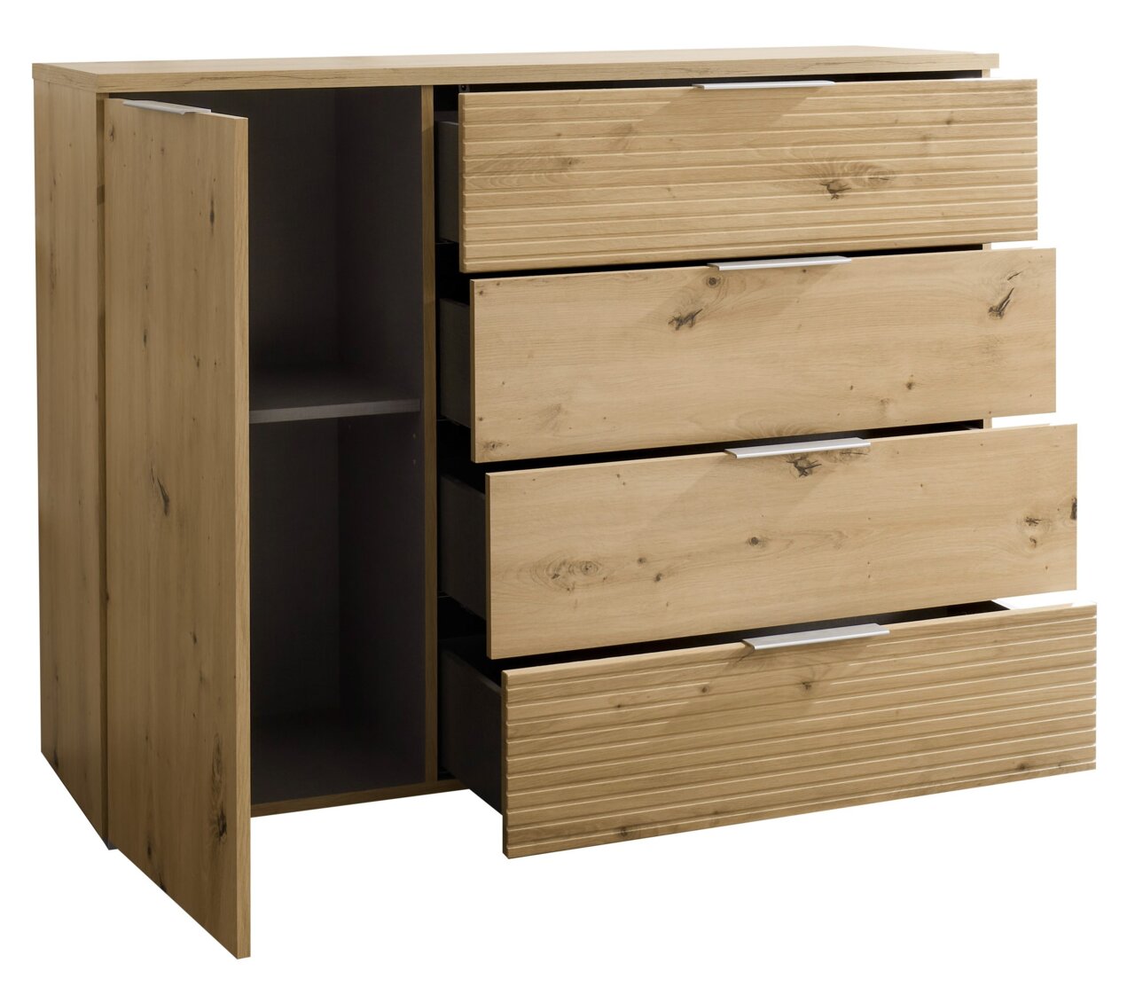 Kommode aus Holz mit drei offenen Schubladen und einer offenen Tür, seitliche Perspektive