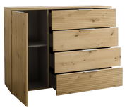 Kommode aus Holz mit drei offenen Schubladen und einer offenen Tür, seitliche Perspektive