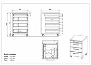 Technische Zeichnung eines Rollcontainers mit drei Schubladen, auf Rollen, in der Perspektive von vorne, seitlich und oben. Maße: Breite 42 cm, Höhe 61 cm, Tiefe 49 cm.
