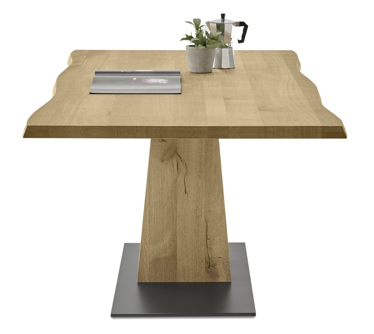 Moderne houten eettafel met rechthoekig tafelblad en conische voet, gezien vanaf de voorkant.