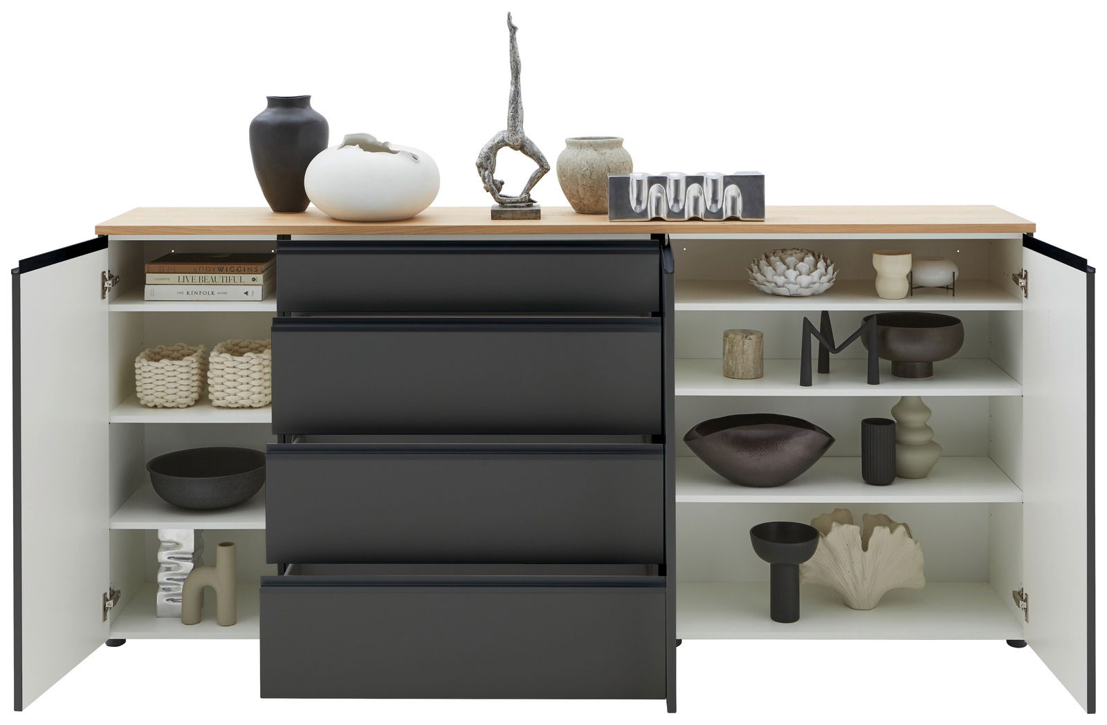 Frontale Ansicht eines XL-Sideboards mit offenen Türen und Schubladen, dekoriert mit modernen Vasen und Skulpturen.