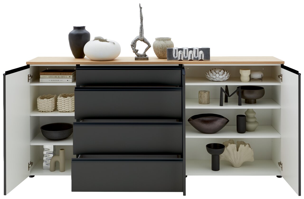 Vooraanzicht van een XL-dressoir met open deuren en lades, versierd met moderne vazen en sculpturen.