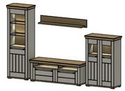 Wandkombination bestehend aus einem hohen Regal, einem TV-Board und einem Schrank, mit einem schwebenden Regalbrett darüber, aus einer frontalen Perspektive betrachtet.