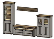 Wandkombination bestehend aus einem hohen Regal, einem TV-Board und einem Schrank, mit einem schwebenden Regalbrett darüber, aus einer frontalen Perspektive betrachtet.