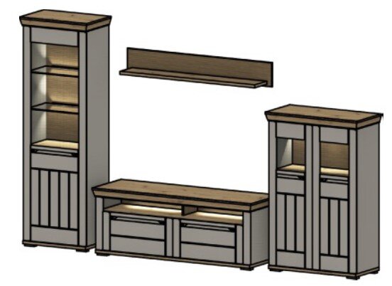 Wandkombination bestehend aus einem hohen Regal, einem TV-Board und einem Schrank, mit einem schwebenden Regalbrett darüber, aus einer frontalen Perspektive betrachtet.