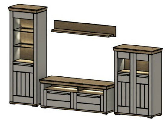 Wandkombination bestehend aus einem hohen Regal, einem TV-Board und einem Schrank, mit einem schwebenden Regalbrett darüber, aus einer frontalen Perspektive betrachtet.