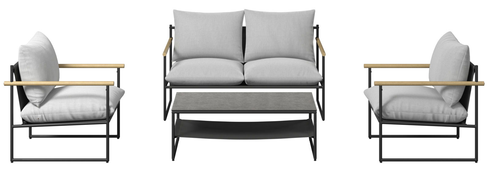 Gartenlounge-Set bestehend aus einem Zweisitzer-Sofa, zwei Sesseln und einem Couchtisch, frontal betrachtet. Die Möbel haben ein modernes Design mit hellgrauen Kissen und schwarzen Metallrahmen mit Holzarmlehnen.