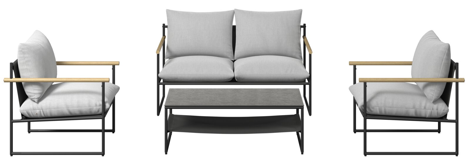Gartenlounge-Set bestehend aus einem Zweisitzer-Sofa, zwei Sesseln und einem Couchtisch, frontal betrachtet. Die Möbel haben ein modernes Design mit hellgrauen Kissen und schwarzen Metallrahmen mit Holzarmlehnen.