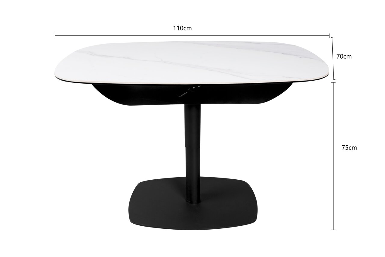 Moderner Couchtisch mit weißer Tischplatte und schwarzem Gestell, seitliche Perspektive.