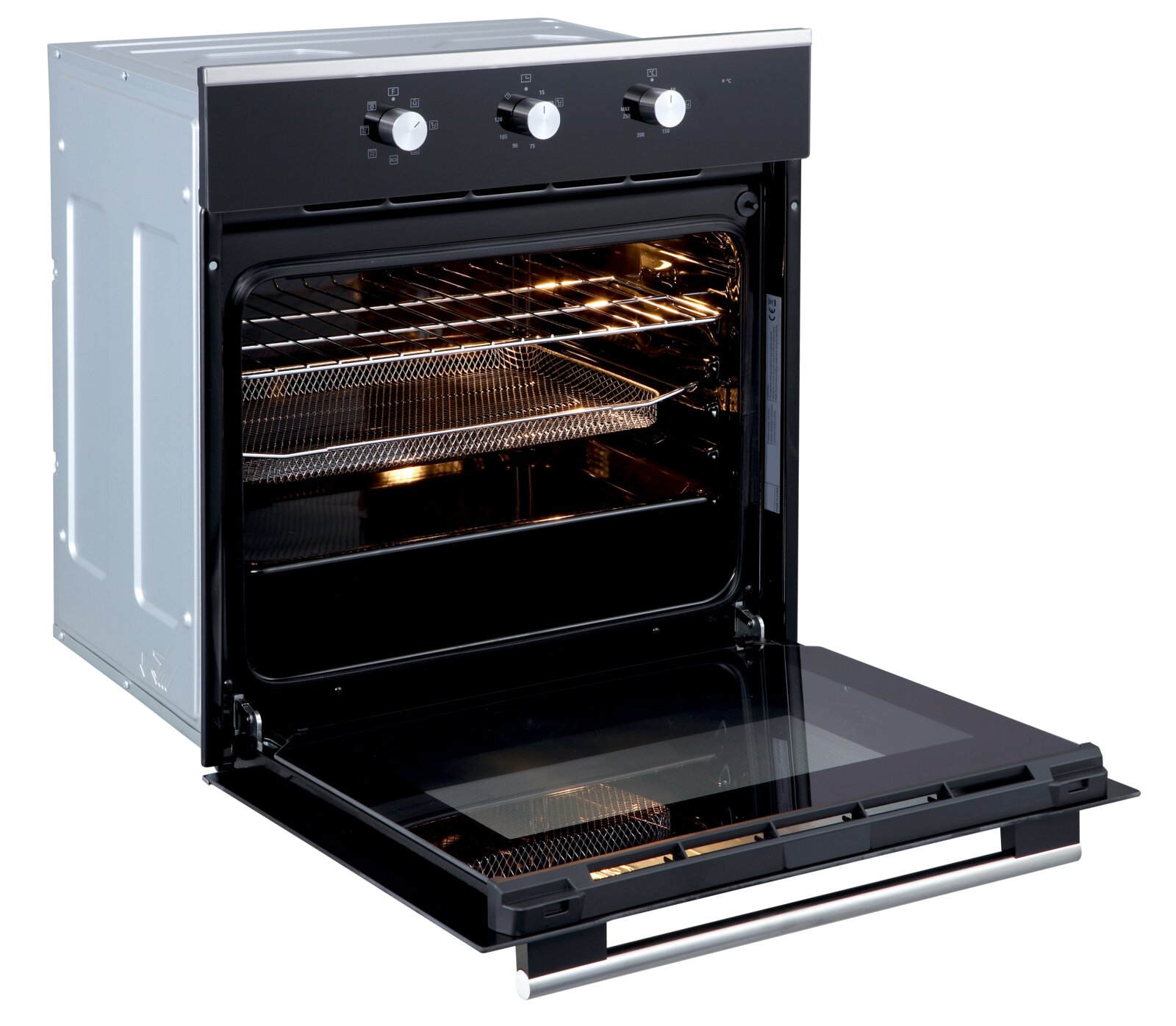 Einbau-Backofen mit geöffneter Glastür, Innenraumbeleuchtung und Grillrost sowie Gitterkorb, Frontansicht leicht schräg von links