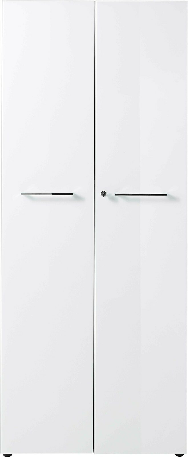 Weißer Aktenschrank mit zwei Türen und silbernen Griffen, Frontalansicht