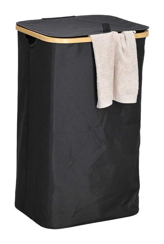 Schwarzer Wäschesammler mit Tragetasche, rechteckige Form, mit einem Handtuch über der Kante, seitliche Perspektive