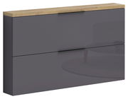 Moderner Hängeschuhschrank mit zwei Klappen in dunklem Grau und Holzoberfläche, seitliche Perspektive