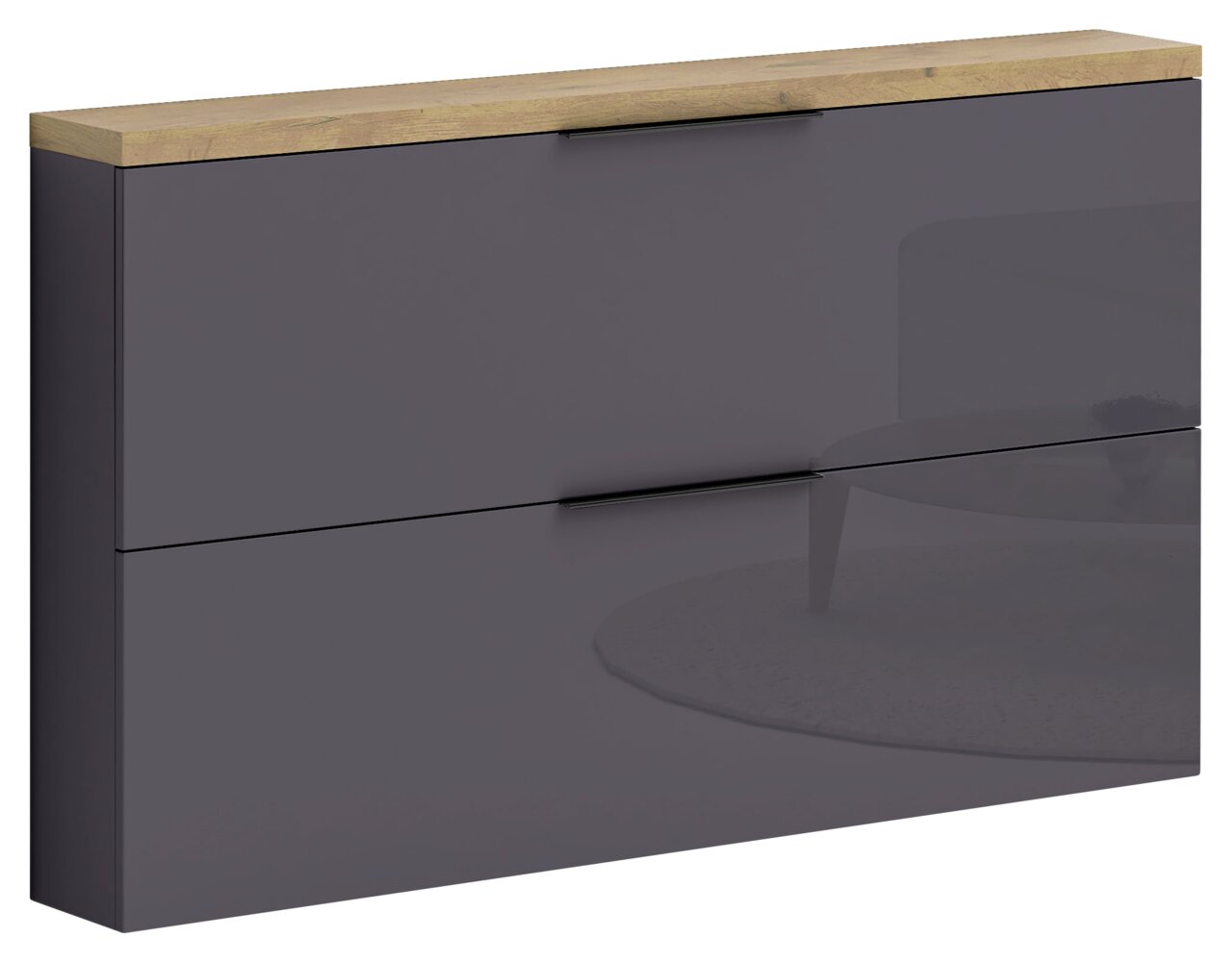 XORA Hängeschuhschrank IDEA ANTHRAZIT Moderner Hängeschuhschrank mit zwei Klappen in dunklem Grau und Holzoberfläche, seitliche Perspektive