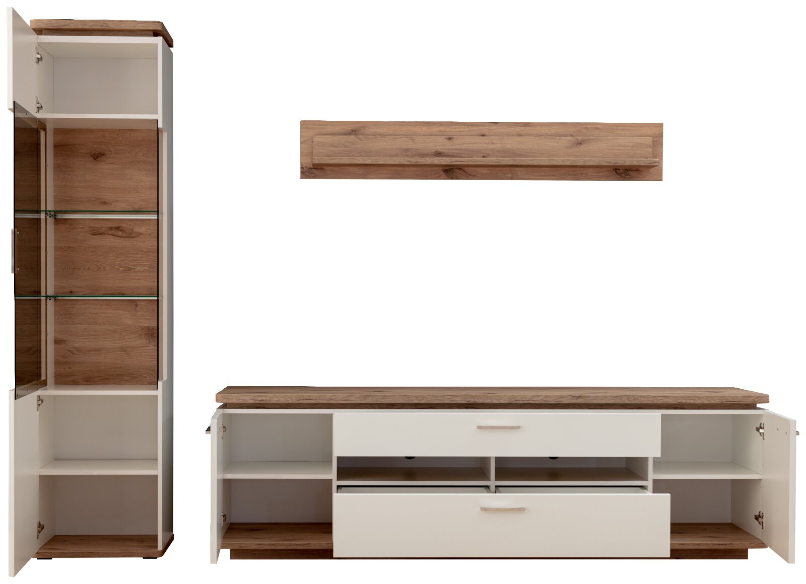 Wohnwand-Möbelset in Weiß und Holzoptik mit geöffneten Schranktüren, Vitrinenschrank mit Glasböden, TV-Lowboard mit Schubladen und Fächern sowie Wandboard, Frontansicht
